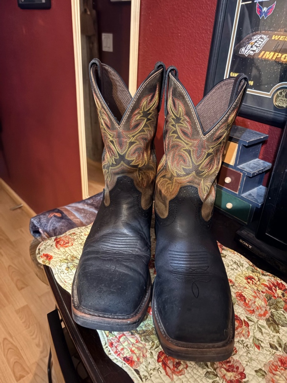 Justin Boots Black Foot Brown Embroidered Shaft Western Work Boots
